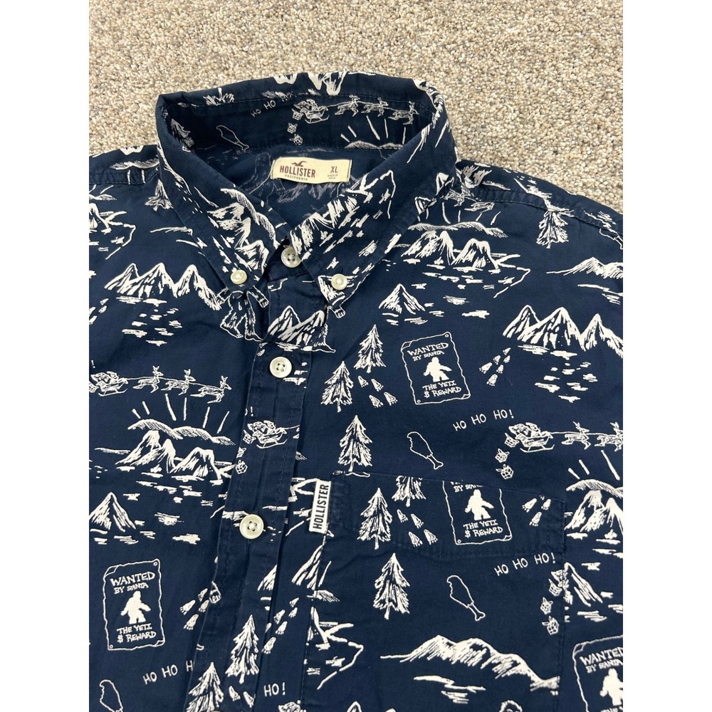 Hollister Mens XL Navy Blue Bigfoot Yeti Santa Christmas Button Down Shirt #0778